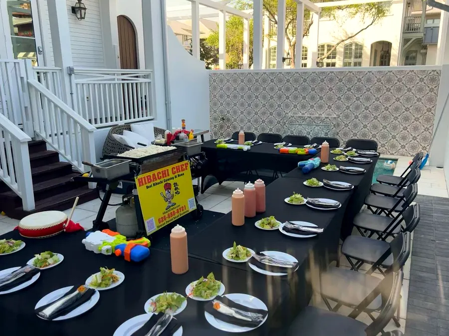 Poolside hibachi catering party at Panama City Beach vacation rental
